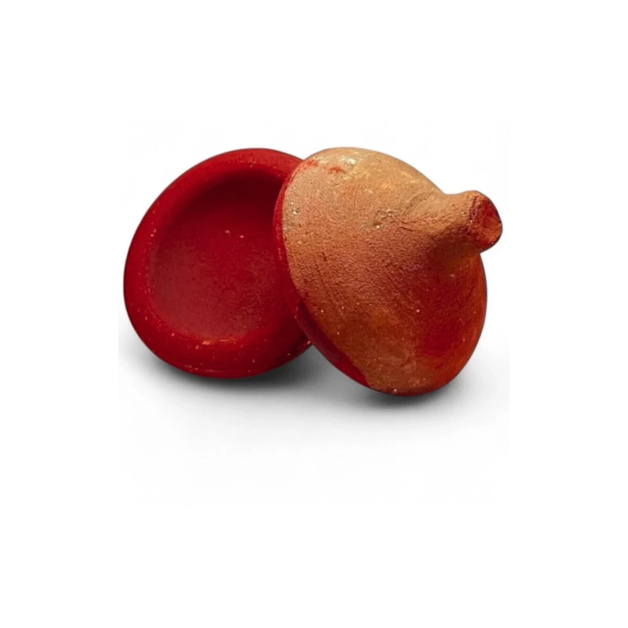 Red and beige acorn-shaped container on a white background