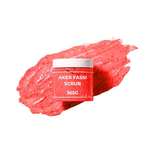 Jar of Aker Fassi scrub with a red scrub sample on a white background