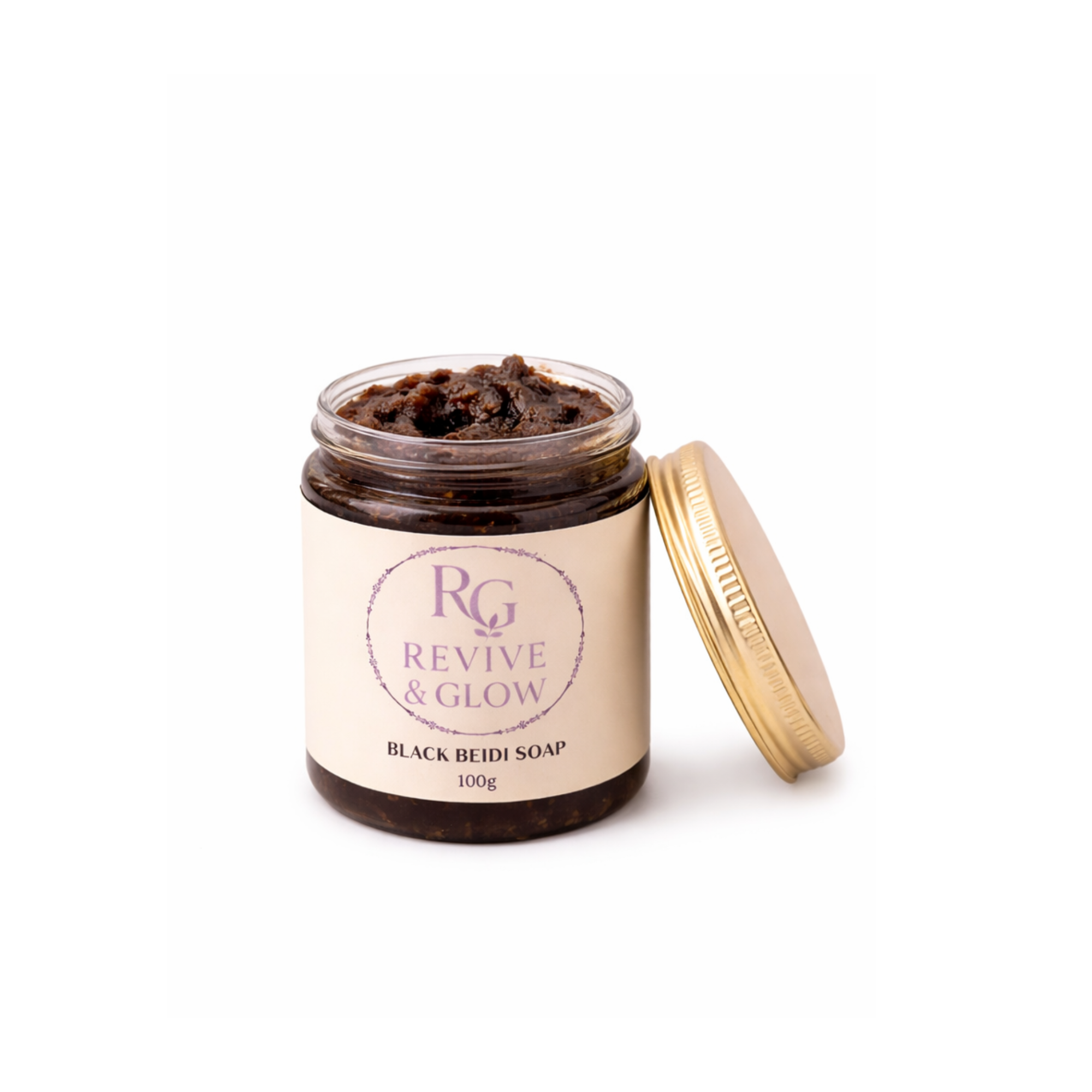 Jar of black beedi soap with 'Revive & Glow' branding on a white background