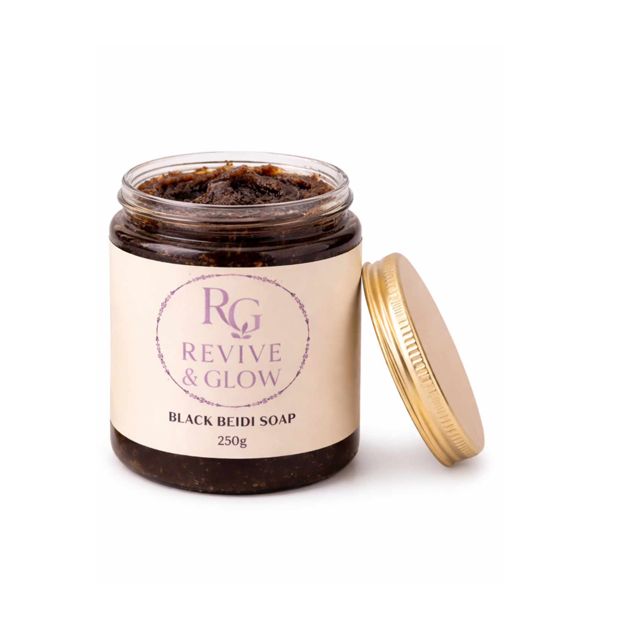 Jar of Black Beedi Soap with 'Revive & Glow' label on a white background