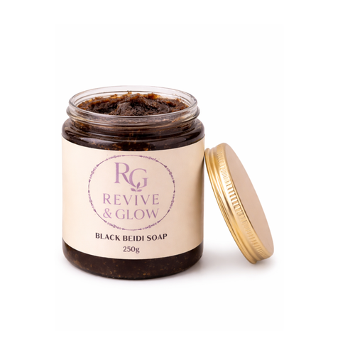 Jar of Black Beedi Soap with 'Revive & Glow' label on a white background
