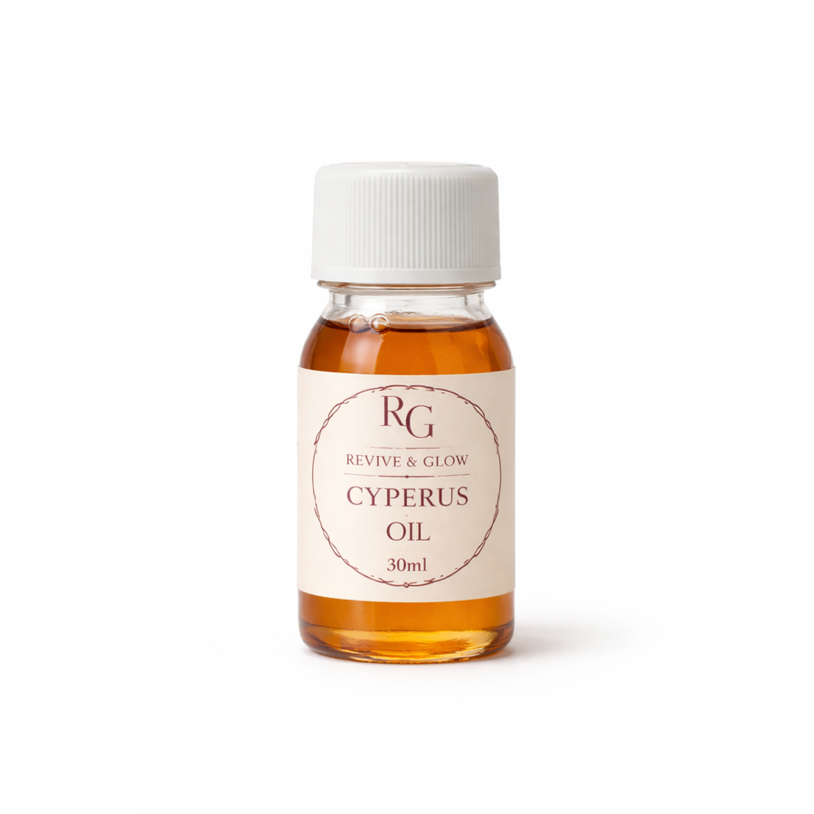 Revive & Glow Moroccan Cyperus Oil 30ml in clear bottle with white cap on white background
