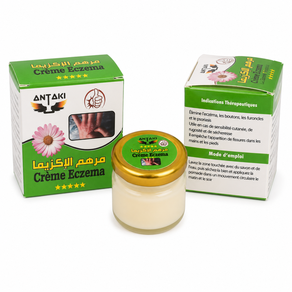 Eczema cream moisturiser in glass jar with packaging for dry and sensitive skin care
