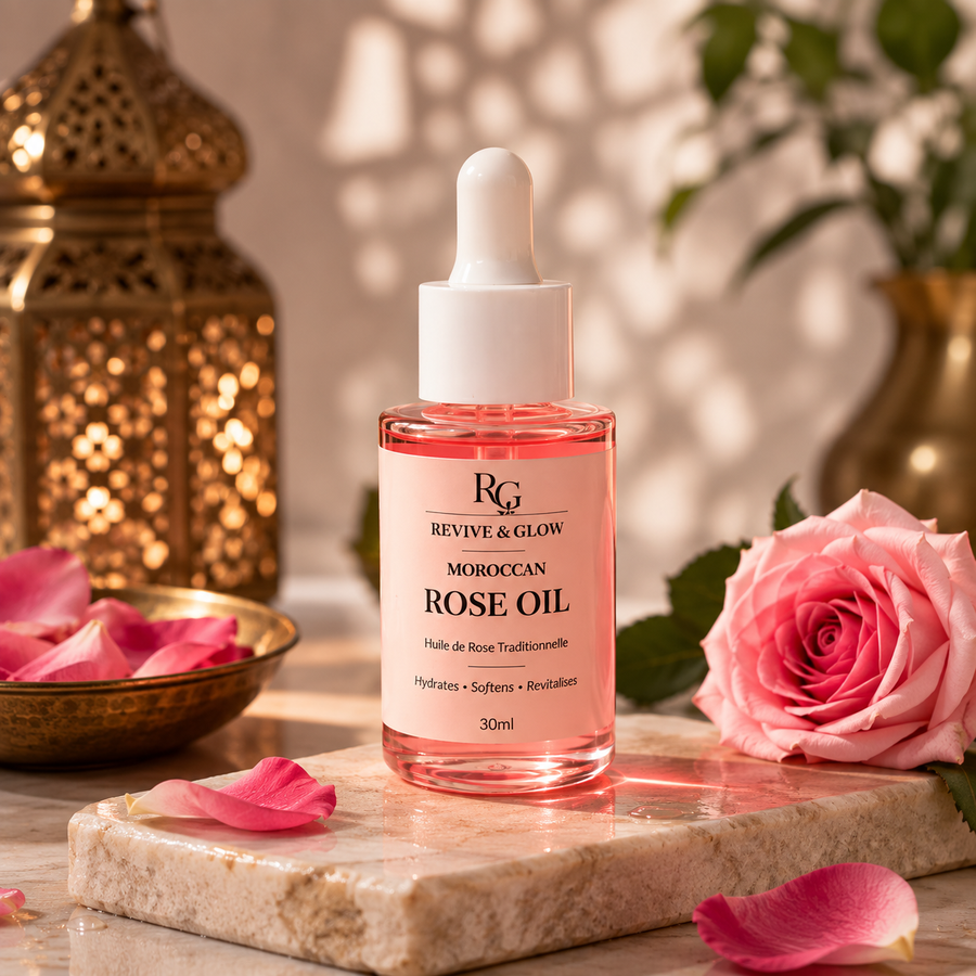 A 30ml bottle of RG Revive & Glow Moroccan Rose Oil with a white dropper cap, set on a marble slab with a pink rose, scattered petals, and a warm, softly lit background.