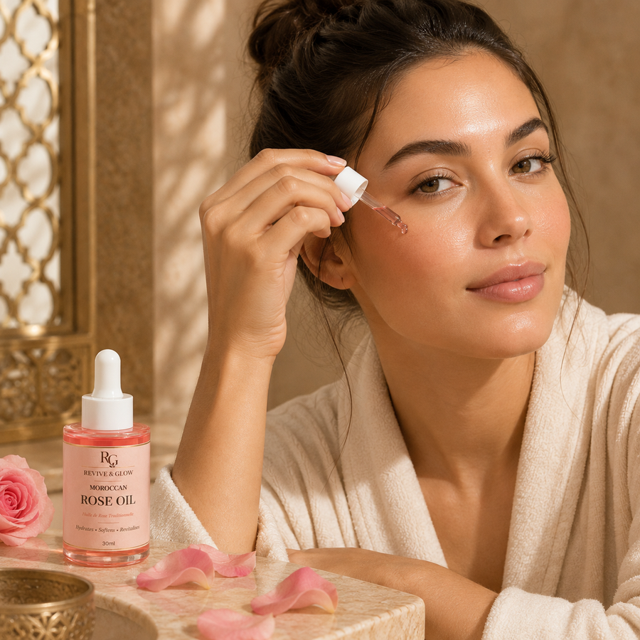 A woman in a white robe applies rose oil from a dropper to her face, with a bottle of Reverie Glow Moroccan Rose Oil and pink rose petals on a marble surface in a warm, sunlit bathroom setting.