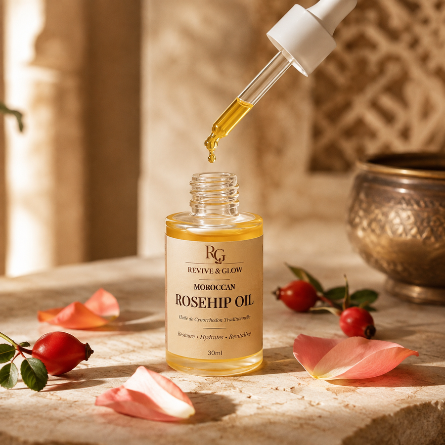 A bottle of Moroccan rosehip oil by Revive & Glow sits on a stone surface with a glass dropper above it, dripping golden oil. Pink rose petals and small rose hips are scattered around it, with a softly blurred warm-toned interior background.