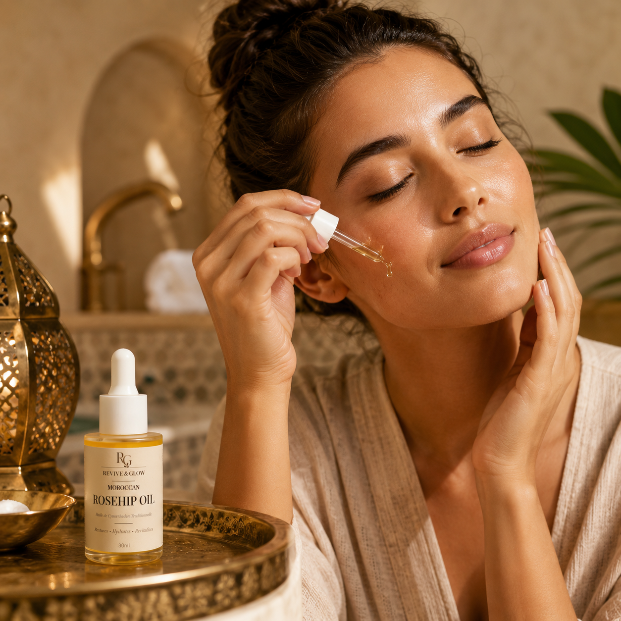 A woman in a beige robe applies serum from a glass dropper to her face, with a bottle of Royal Radiant Moroccan Rosehip Oil resting on a gold tray beside her in a warm, spa-like setting.