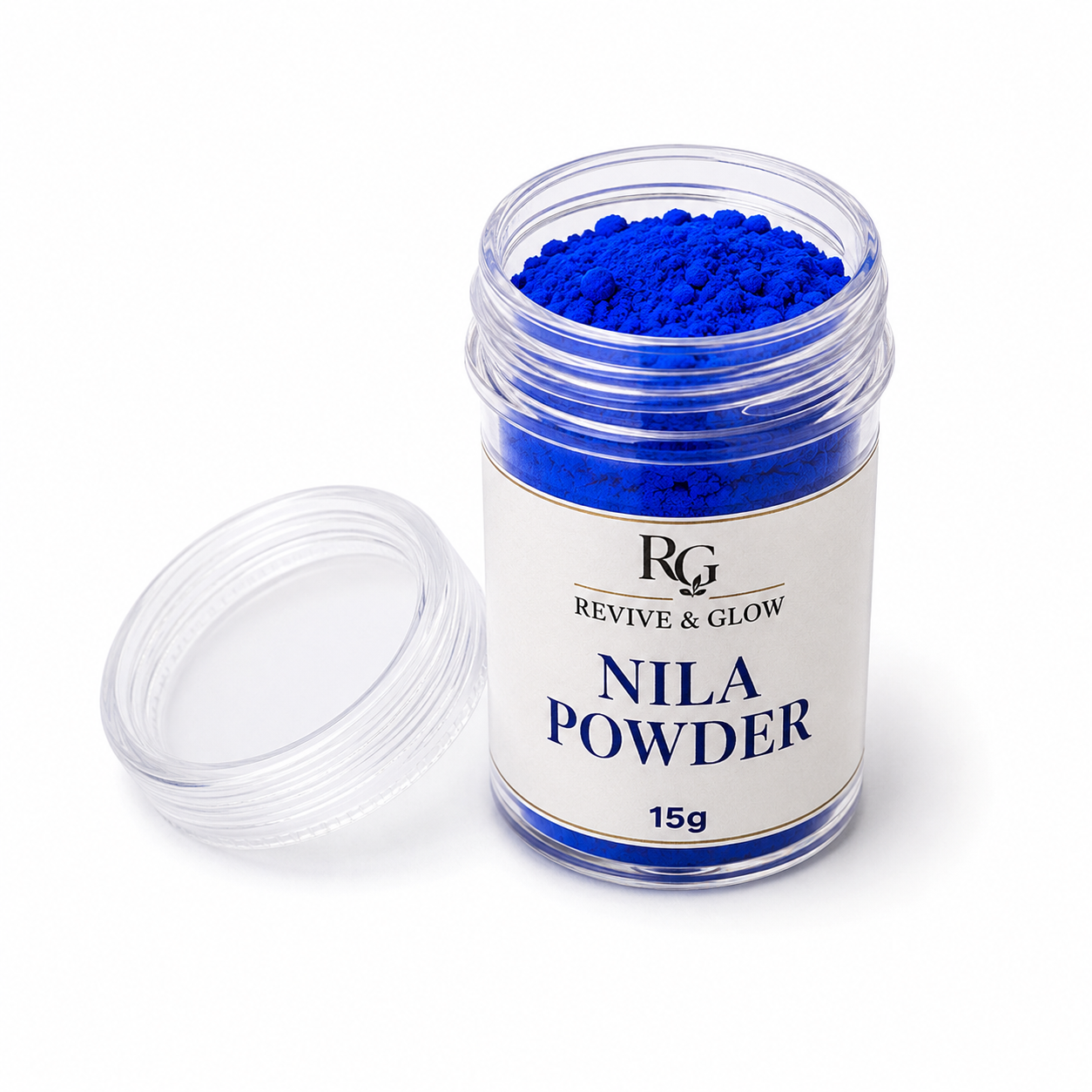 A clear plastic jar of Revive & Glow Nila Powder with its white label and lid placed beside it on a clean white background.