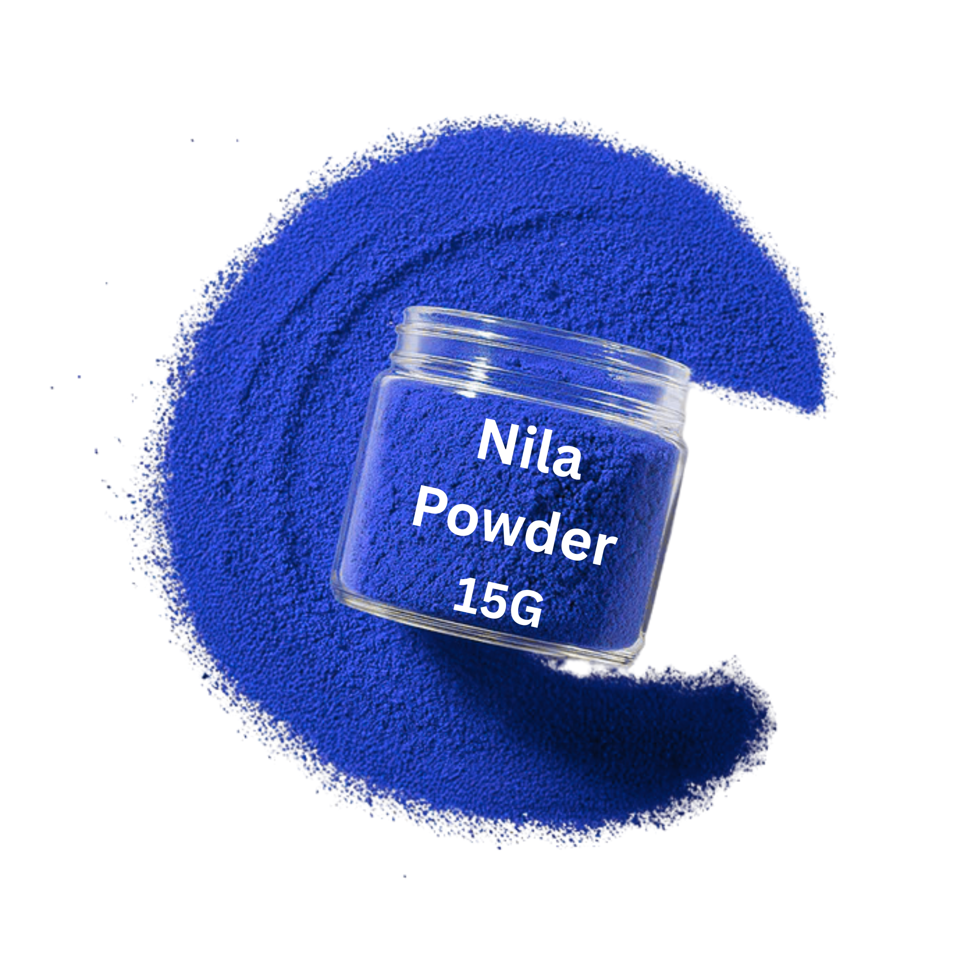 Blue powder in a jar labeled 'Nila Powder 15G' on a white background