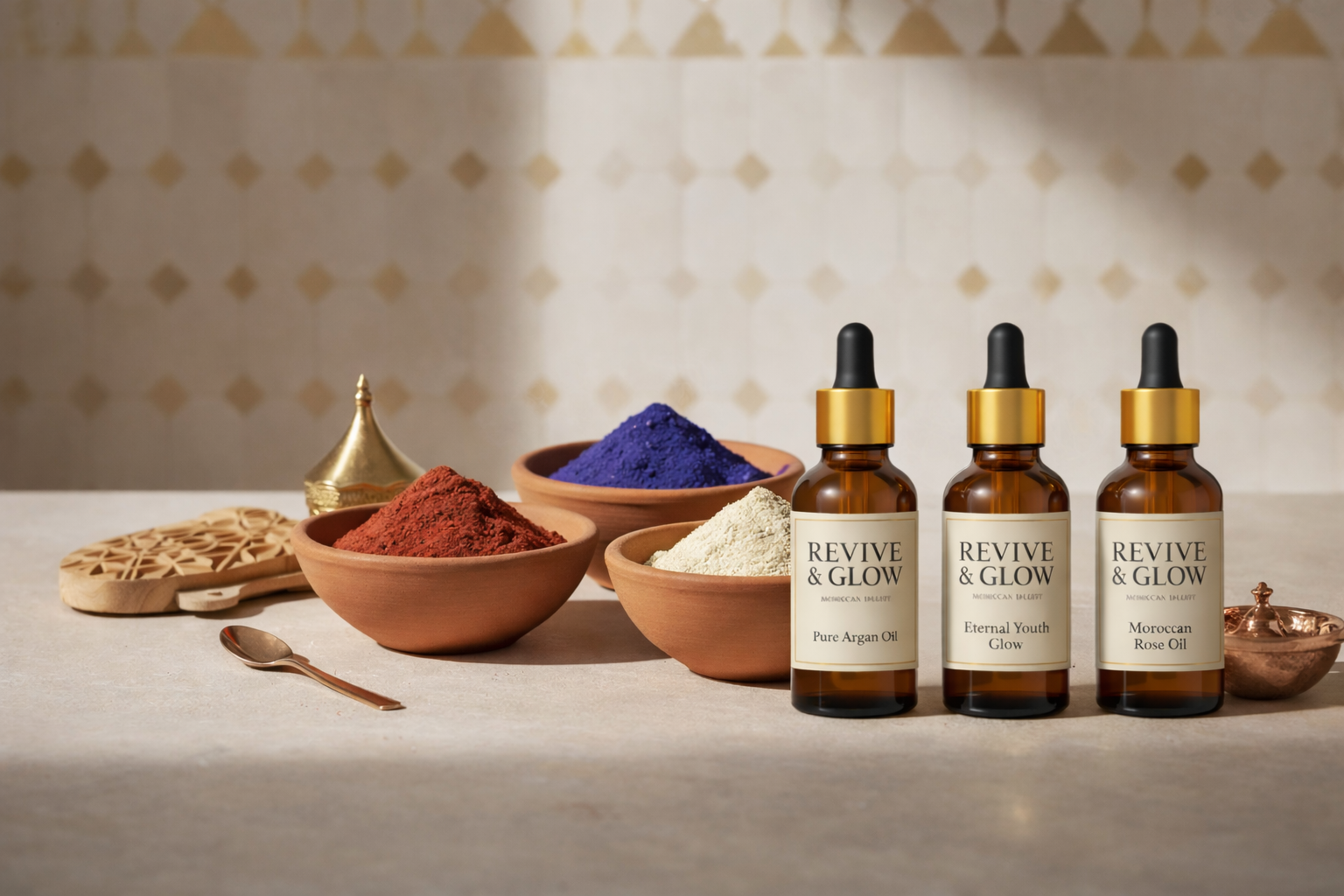 Three bottles of 'Revive & Glow' on a table with bowls of spices and herbs.