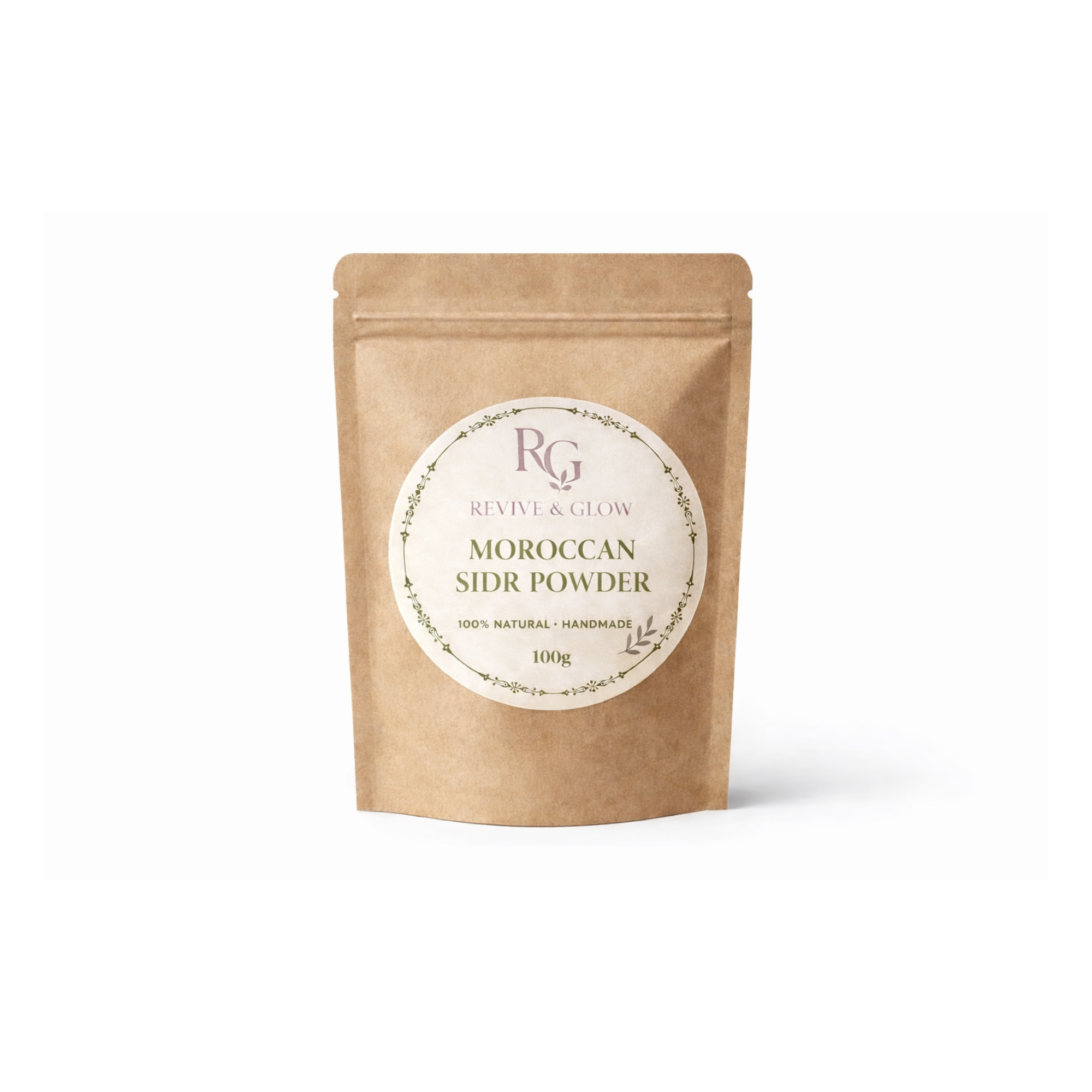 Kraft paper packaging of Moroccan Sidr Powder with a visible brand label on a white background