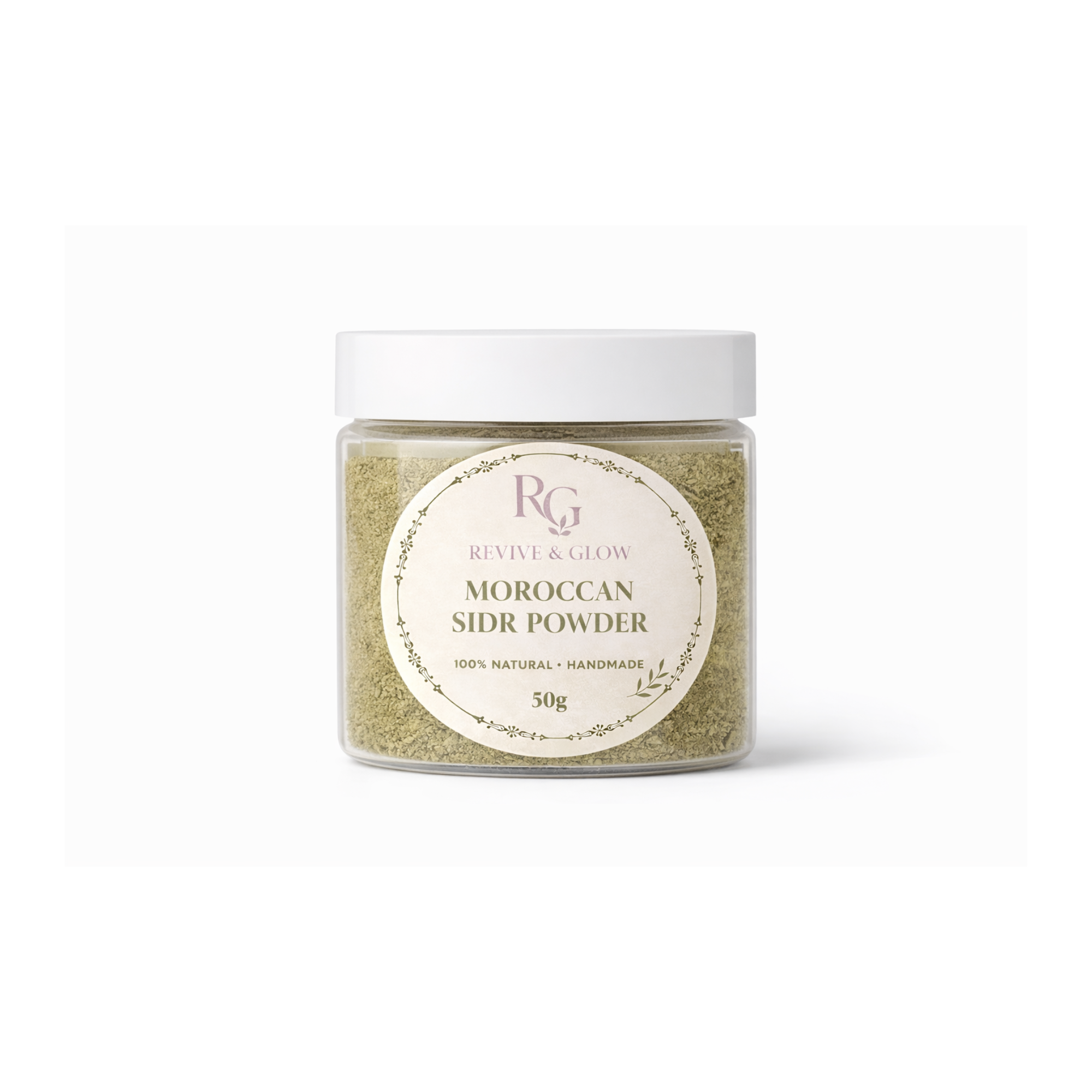 Jar of Moroccan Sidr Powder with 'Revive & Glow' label on a white background