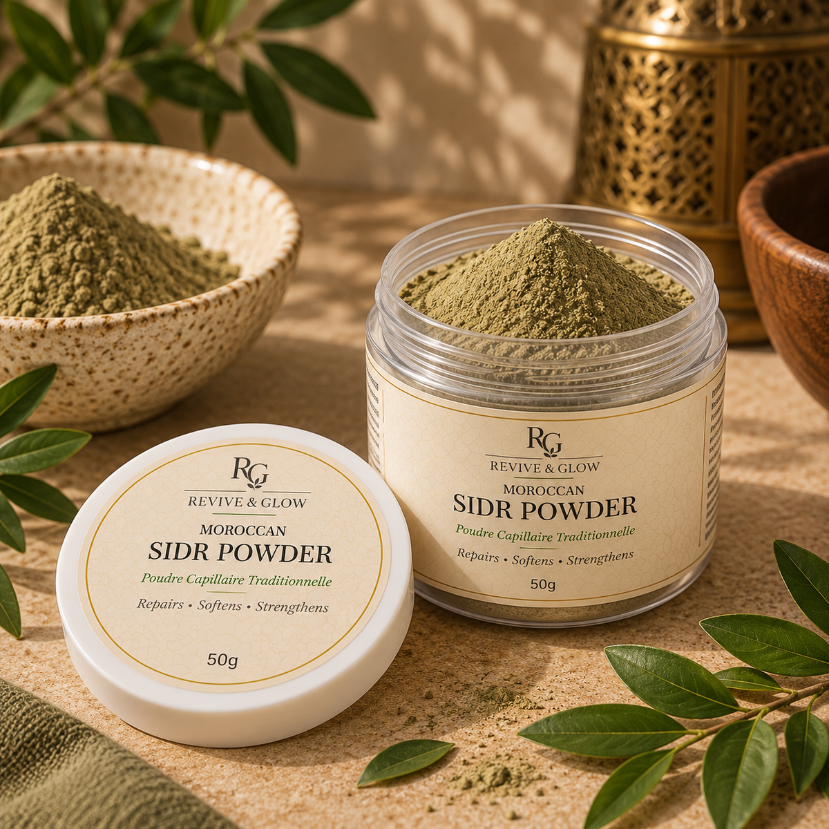 A clear jar and a round white lid labeled 'RG Revive & Glow Moroccan Sidr Powder' are arranged on a textured surface with green leaves and bowls of loose powder in the background.