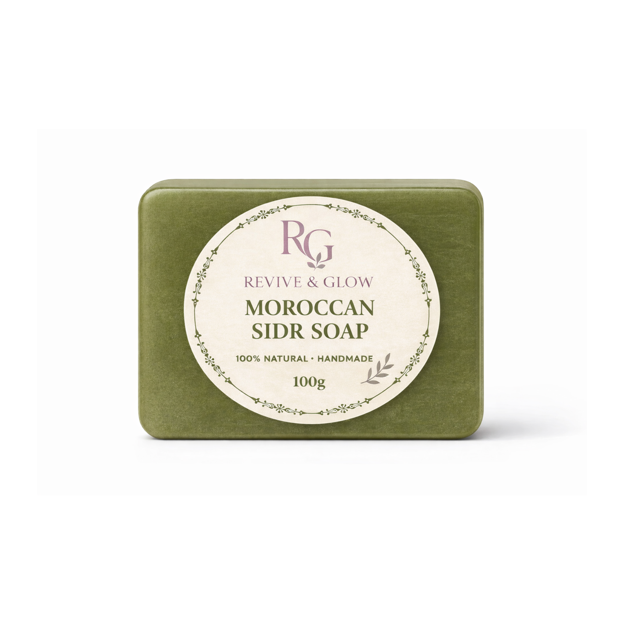 Green soap bar with a white label on a white background