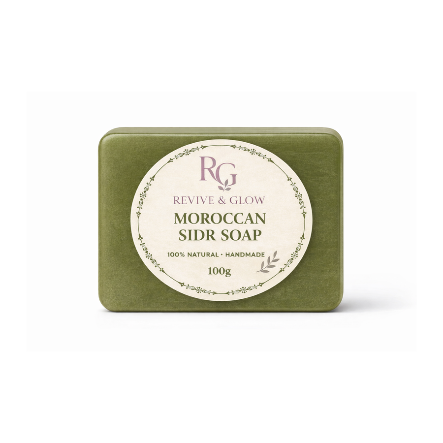 Green soap bar with a white label on a white background