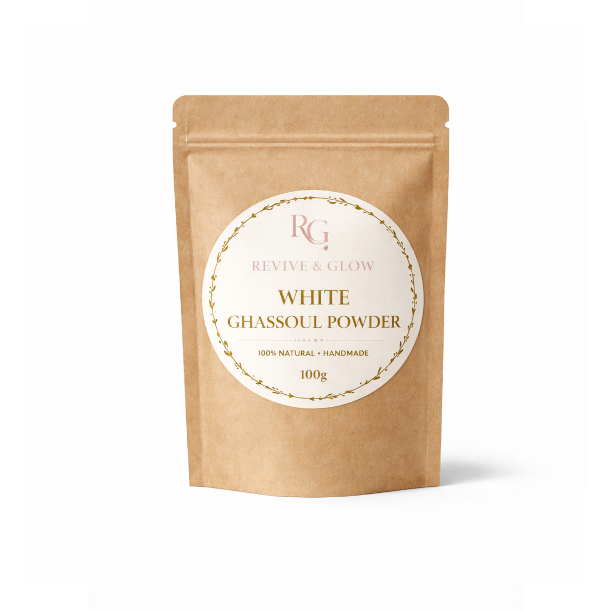Revive & Glow White Ghassoul Powder 100g in kraft paper pouch on white background