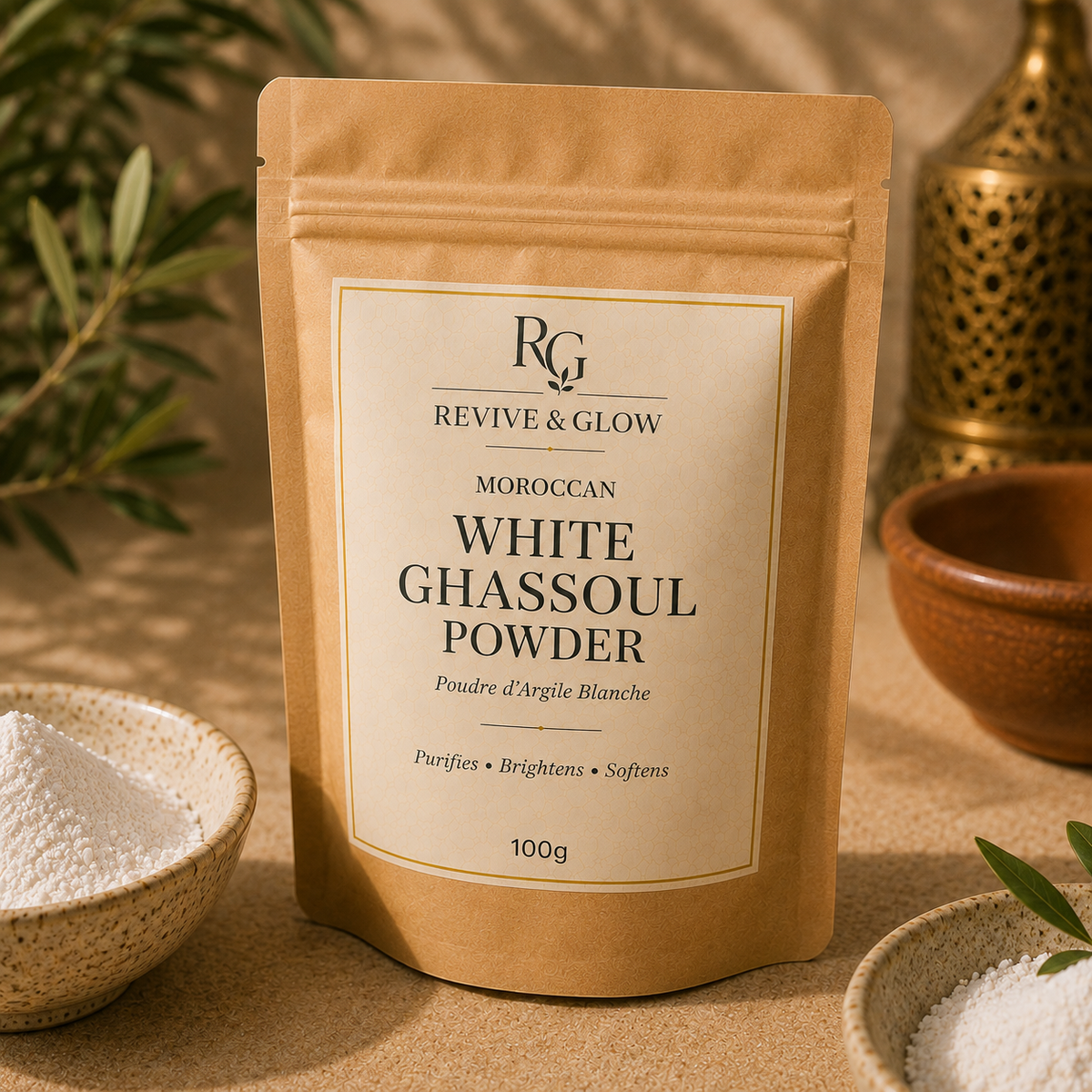 A stand-up kraft pouch of Revive & Glow Moroccan White Ghassoul Powder, styled on a beige surface with bowls of white powder and green leaves in the background.