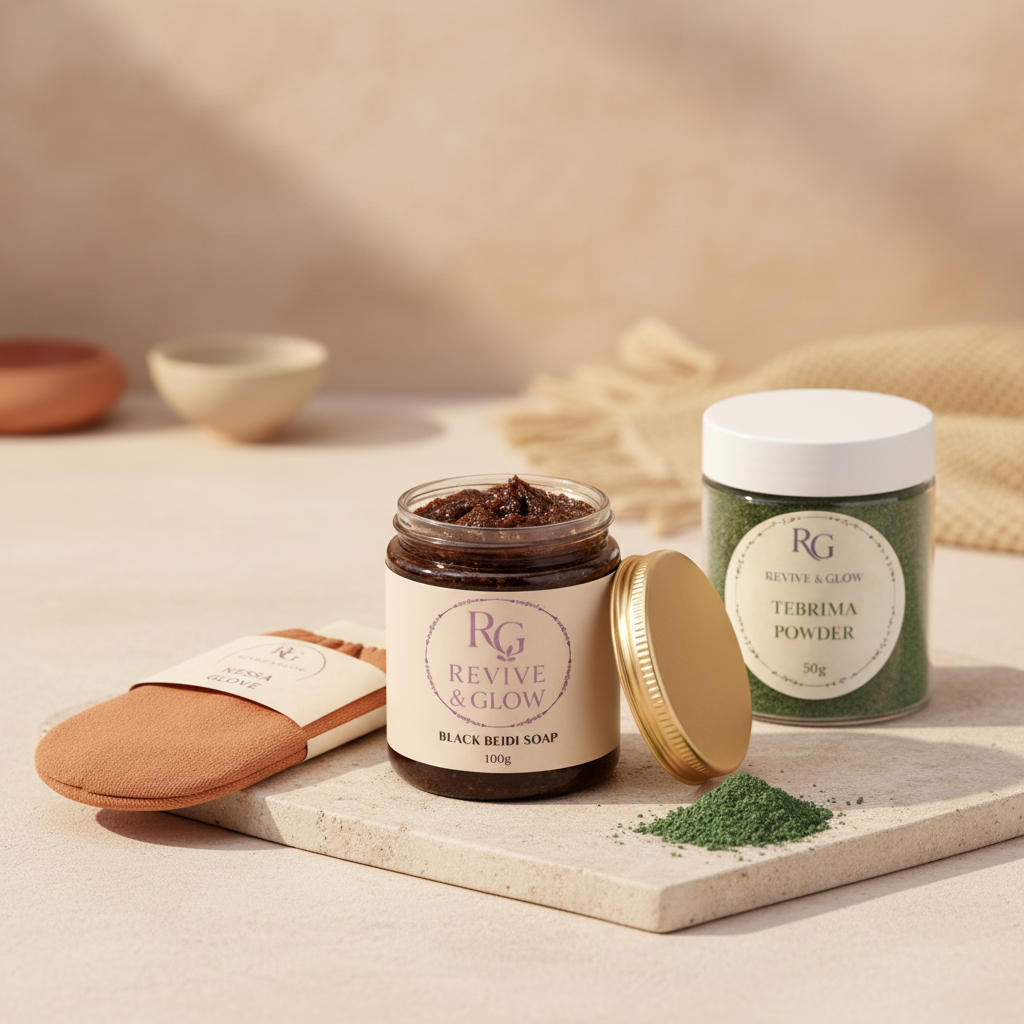 Black Beidi Soap, Kessa Glove & Tebrima Powder Bundle