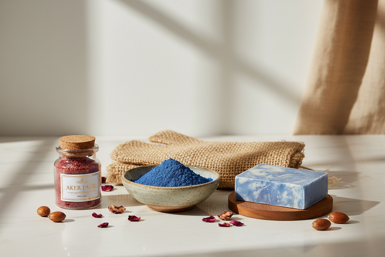 Moroccan beauty products - nila powder, kessa glove, nila soap, and aker fassi scrub