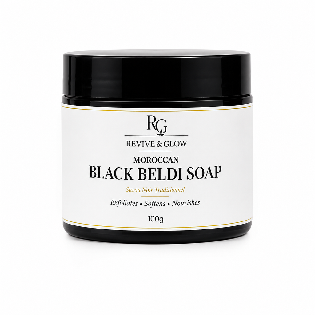 Revive & Glow Moroccan Black Beldi Soap 100g with luxury white label on white background.