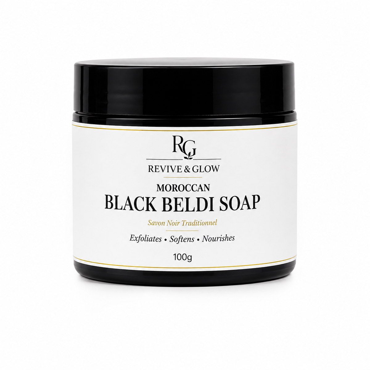 Revive & Glow Moroccan Black Beldi Soap 100g with luxury white label on white background.