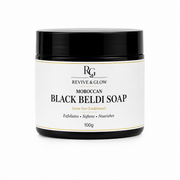 Revive & Glow Moroccan Black Beldi Soap 100g with luxury white label on white background.
