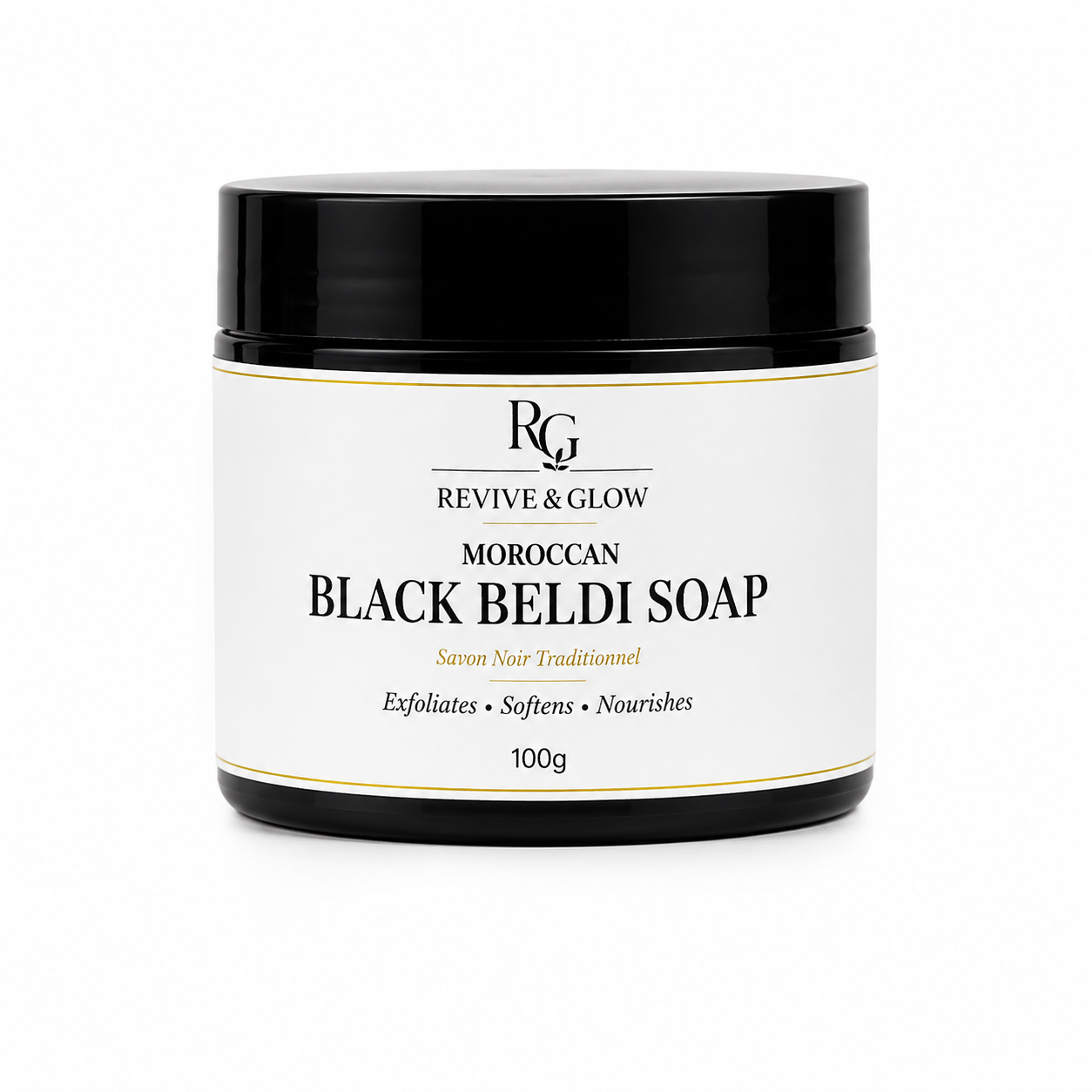 Revive & Glow Moroccan Black Beldi Soap 100g with luxury white label on white background.