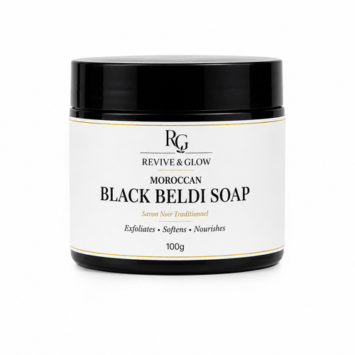 Revive & Glow Moroccan Black Beldi Soap 100g with luxury white label on white background.