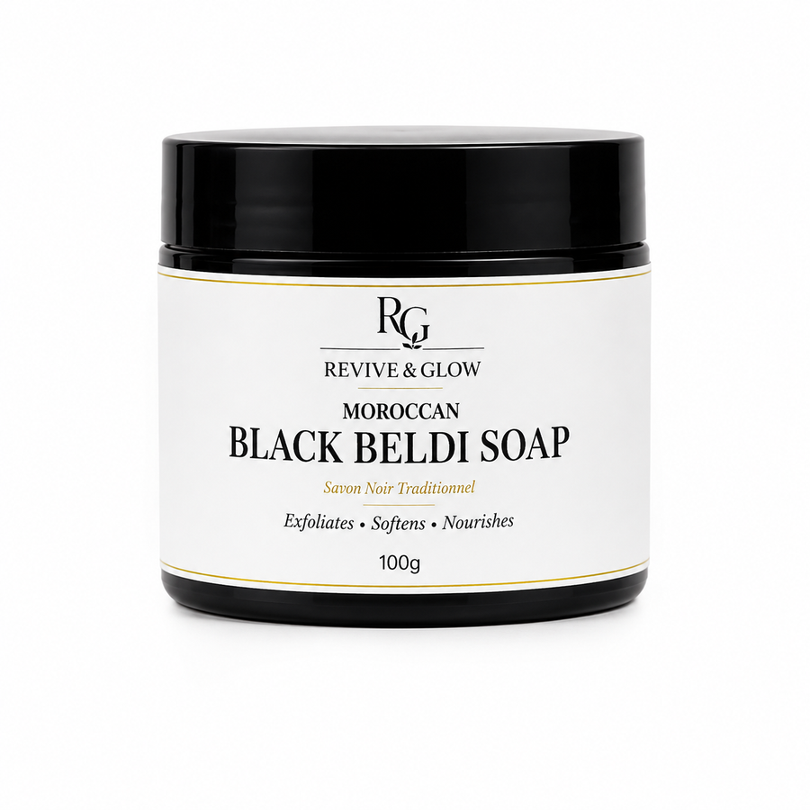 Revive & Glow Moroccan Black Beldi Soap 100g with luxury white label on white background.