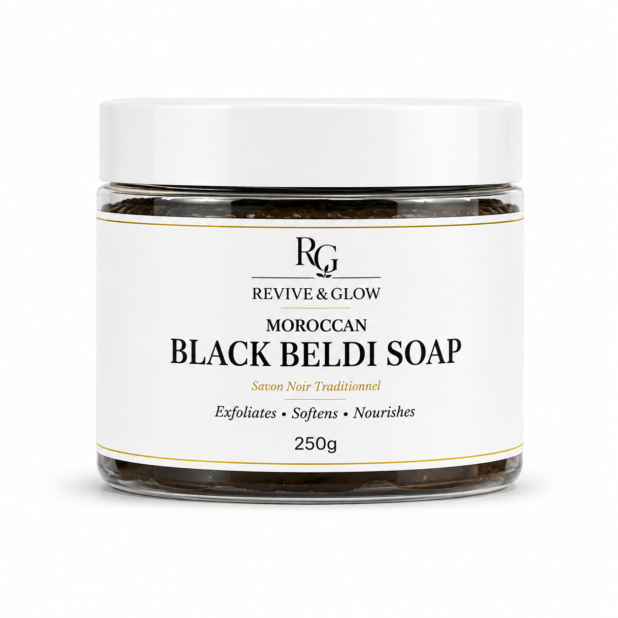 Revive & Glow Moroccan Black Beldi Soap 250g in clear jar with white lid on white background.