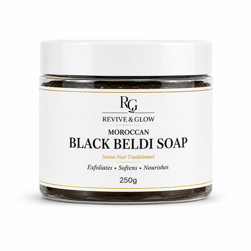 Revive & Glow Moroccan Black Beldi Soap 250g in clear jar with white lid on white background.