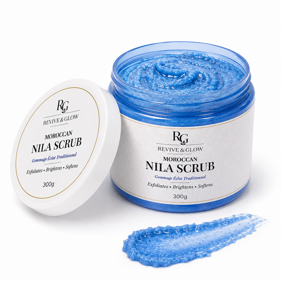 Revive & Glow Moroccan Nila Scrub 300g in an open blue jar with white lid, showcasing the exfoliating scrub texture on a white background.