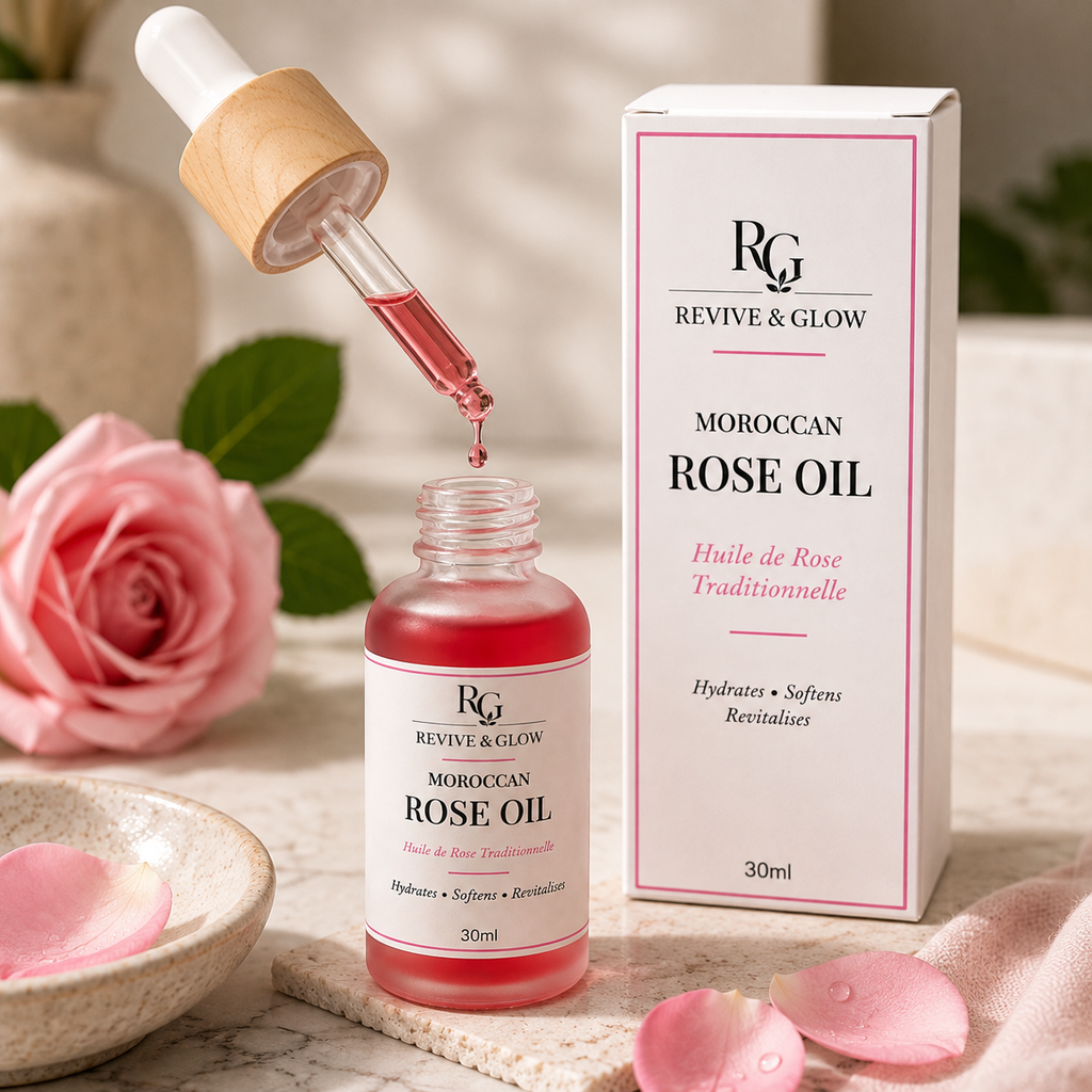 Revive & Glow Moroccan Rose Oil 30ml with open glass dropper dispensing rose oil beside the premium product box.