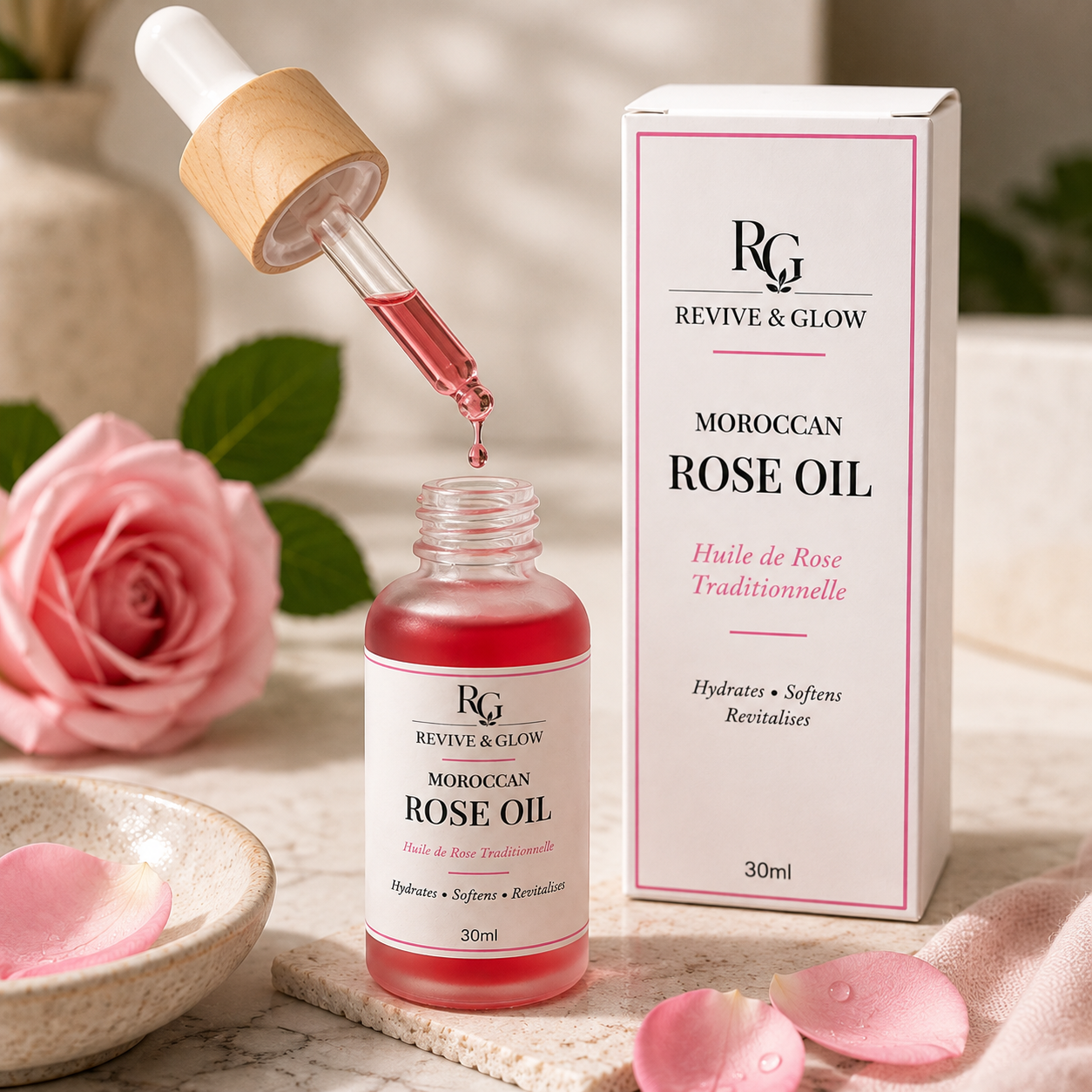 Revive & Glow Moroccan Rose Oil 30ml with open glass dropper dispensing rose oil beside the premium product box.