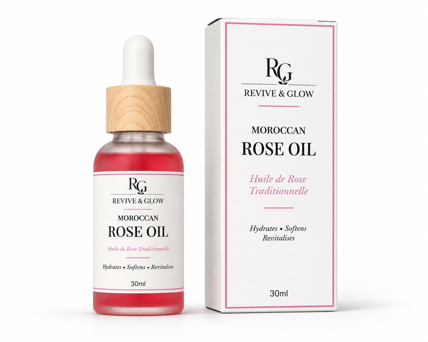 Revive & Glow Moroccan Rose Oil 30ml with matching premium box on a white background.
