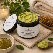 Revive & Glow Moroccan Sidr Hair Butter 100g displayed in a luxury spa setting with Sidr powder, wooden hair brush and botanical elements.