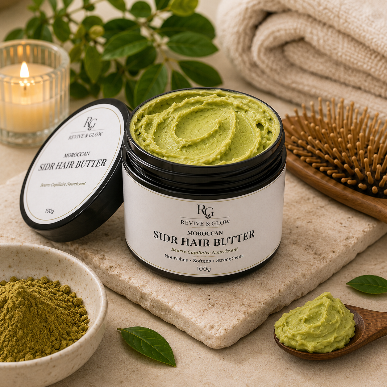 Revive & Glow Moroccan Sidr Hair Butter 100g displayed in a luxury spa setting with Sidr powder, wooden hair brush and botanical elements.
