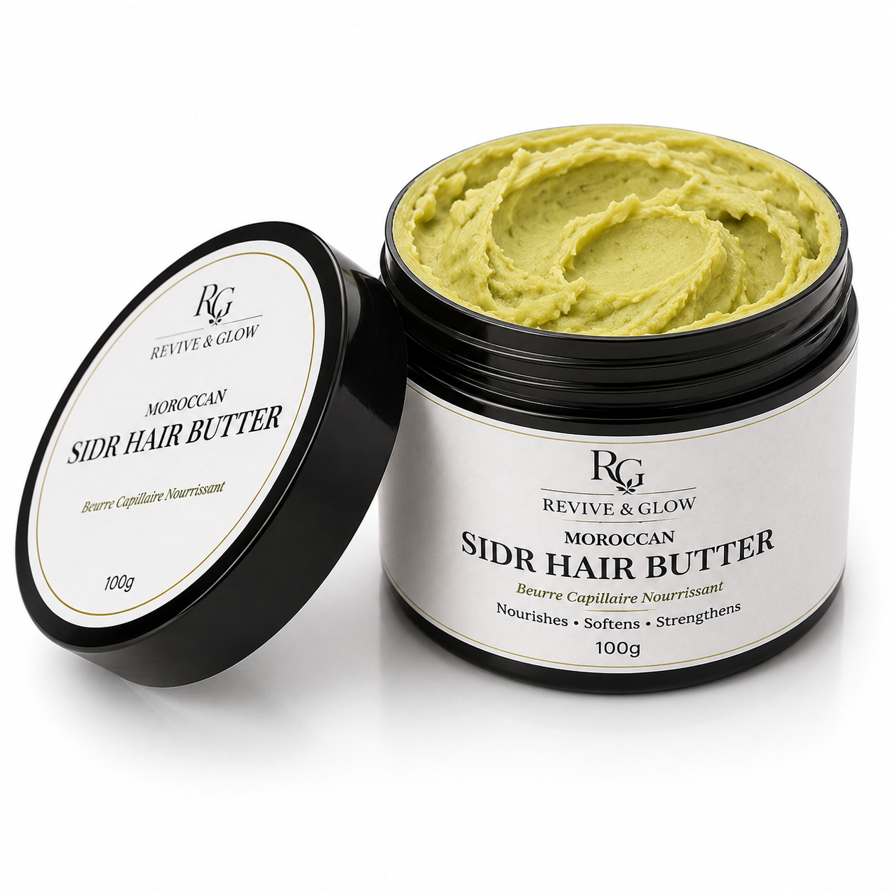 Revive & Glow Moroccan Sidr Hair Butter 100g with open jar showcasing the rich whipped hair butter on a white background.