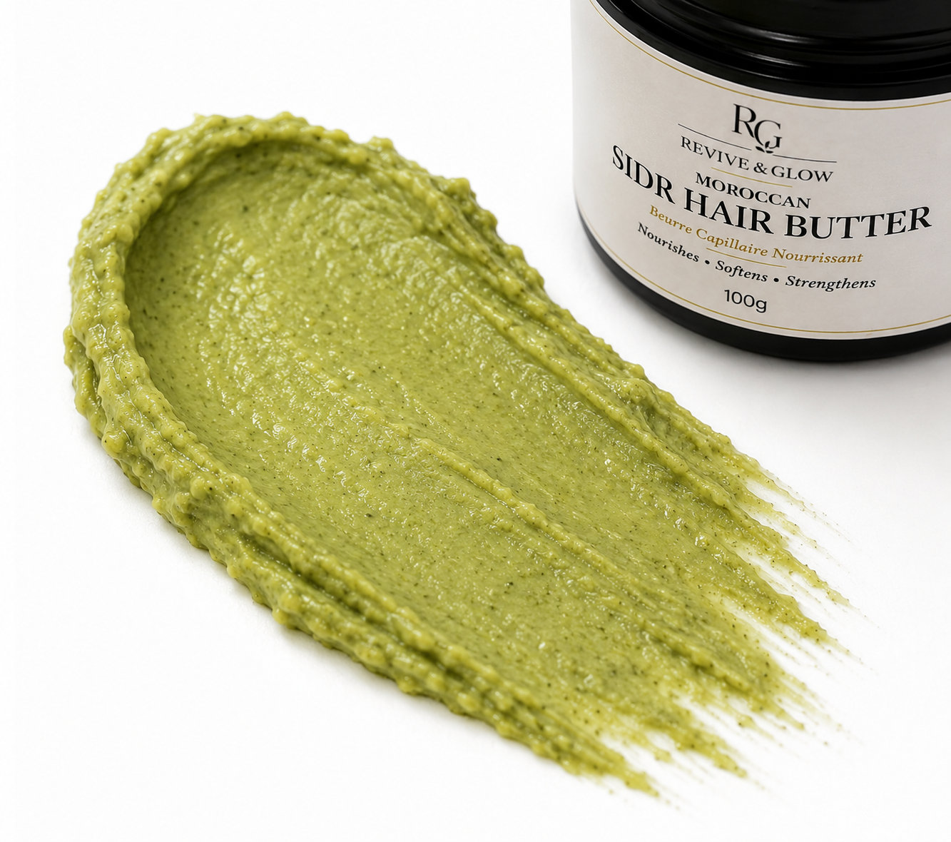 Close-up of Revive & Glow Moroccan Sidr Hair Butter showing its smooth, creamy whipped texture and nourishing consistency.