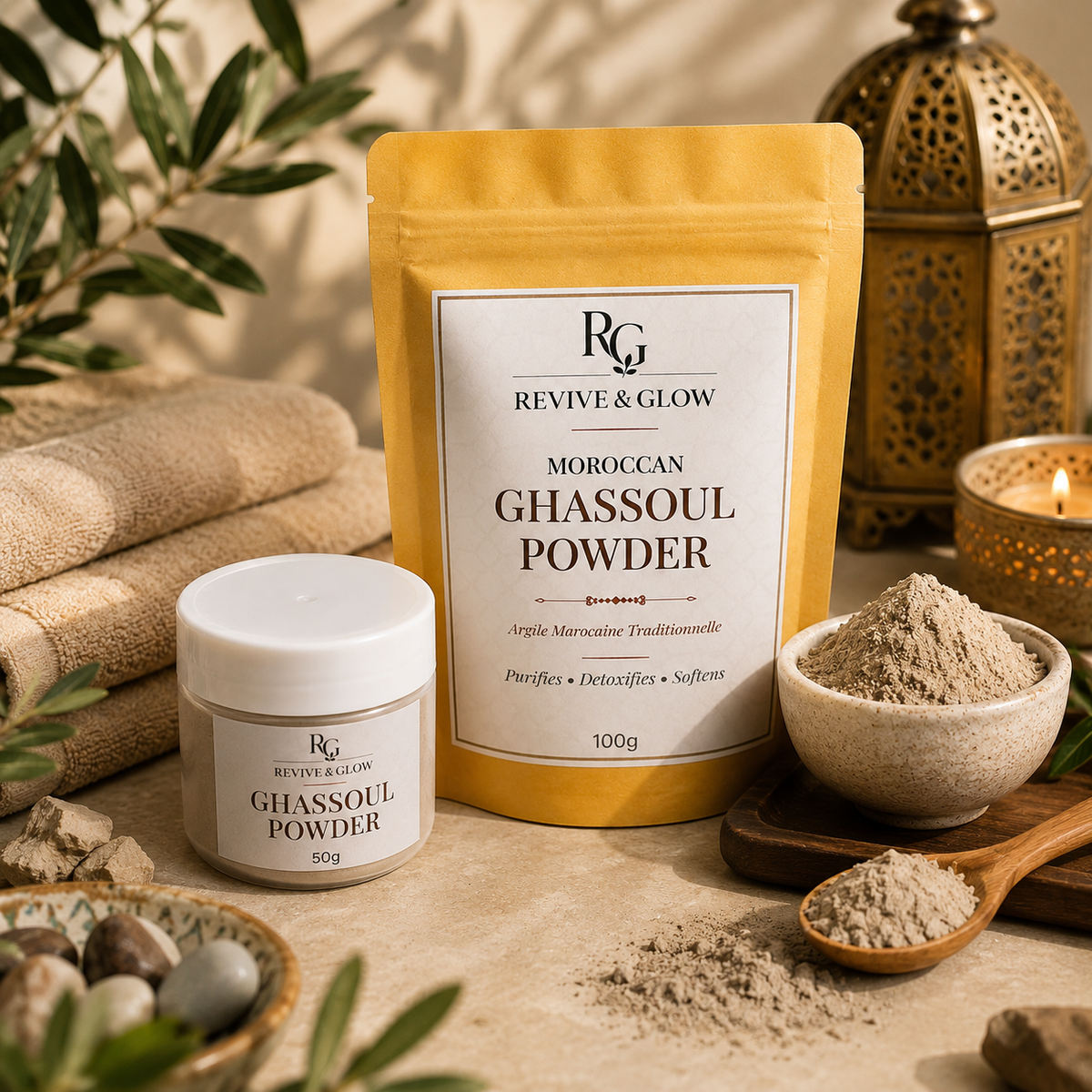 Natural Ghassoul cleansing clay powder and packaging