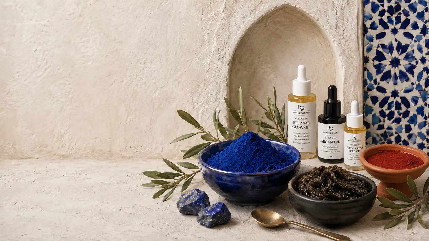 Moroccan beauty rituals arranged in a cobalt riad