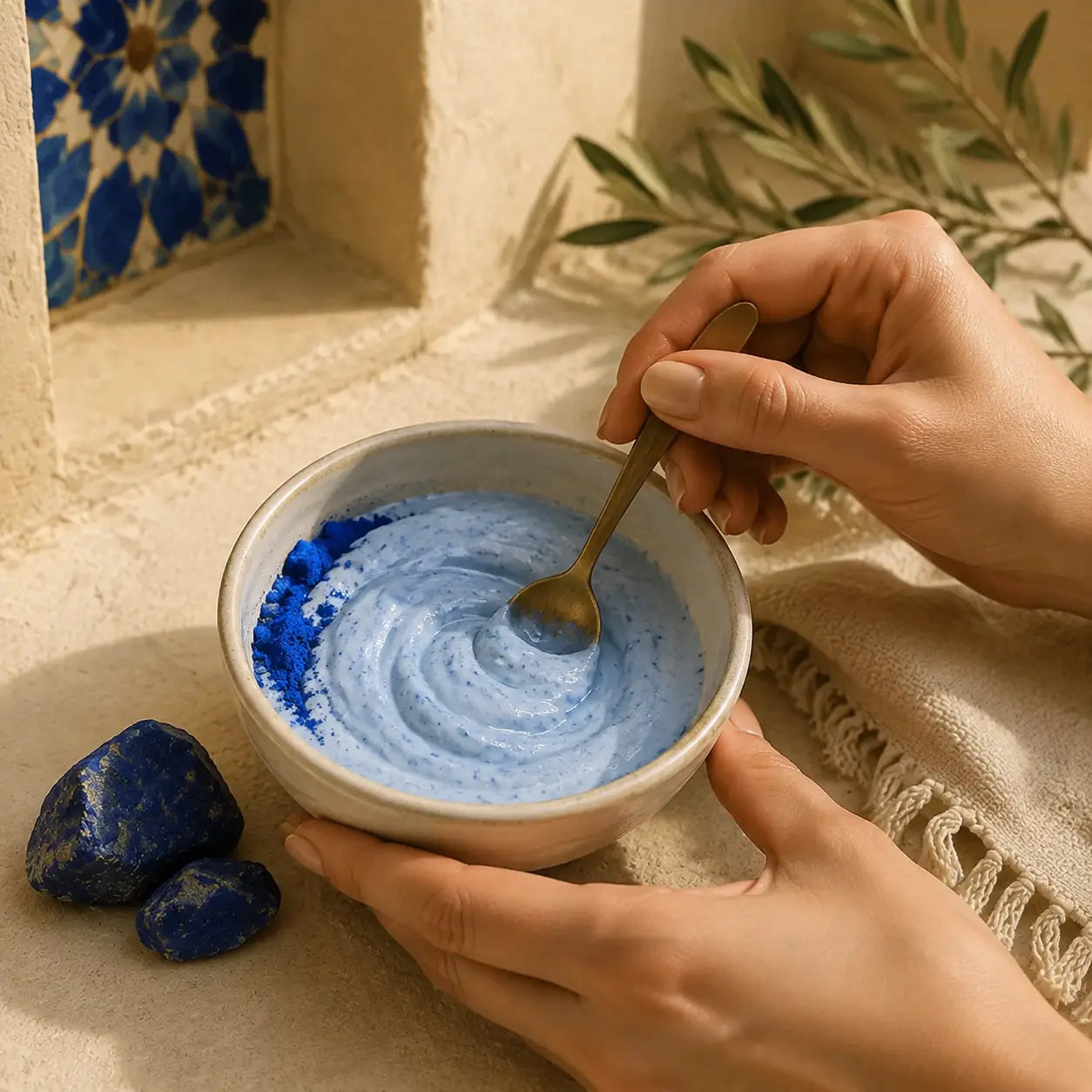 Mixing Nila Powder with yoghurt, rose water and honey